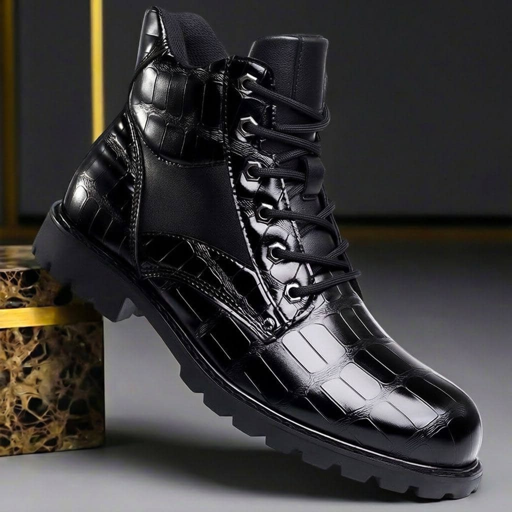 Embossed Leather Lace-Up Combat Boots for Men