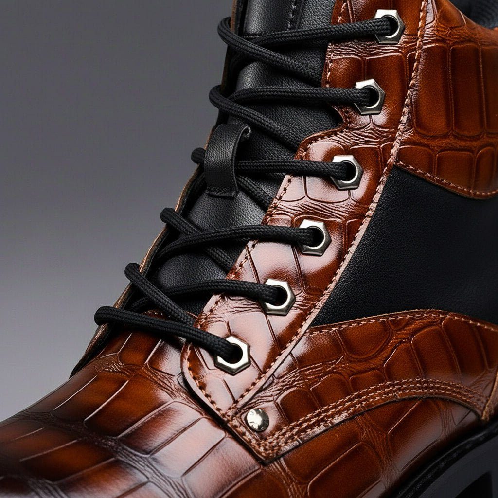 Embossed Leather Lace-Up Combat Boots for Men