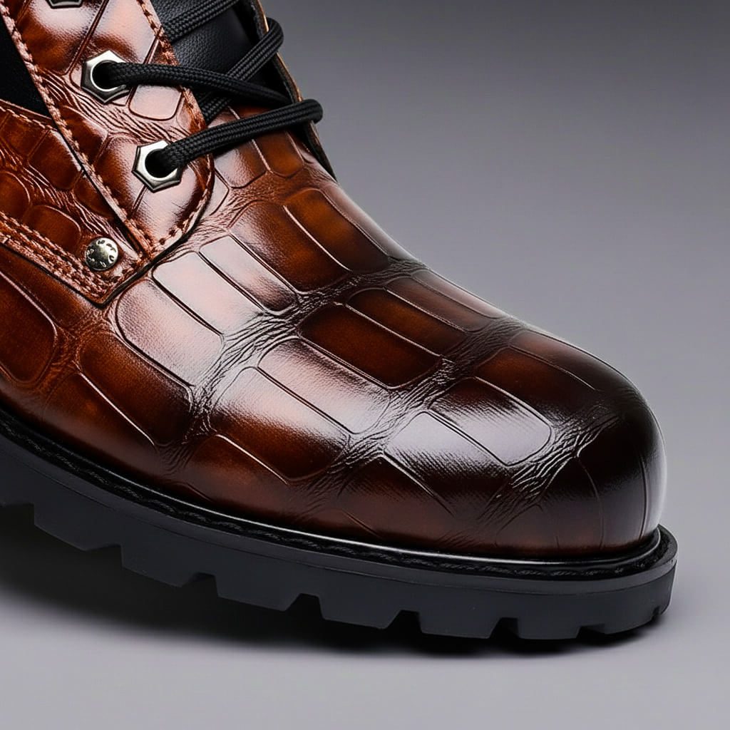 Embossed Leather Lace-Up Combat Boots for Men