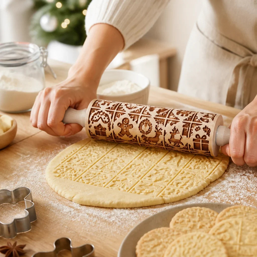 Embossing Rolling Pin | Durable Ash Wood & Festive Motifs | 35 cm