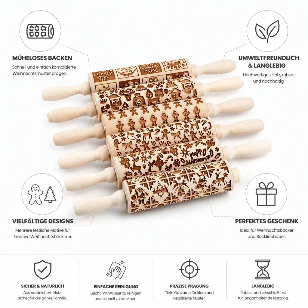 Embossing Rolling Pin | Durable Ash Wood & Festive Motifs | 35 cm