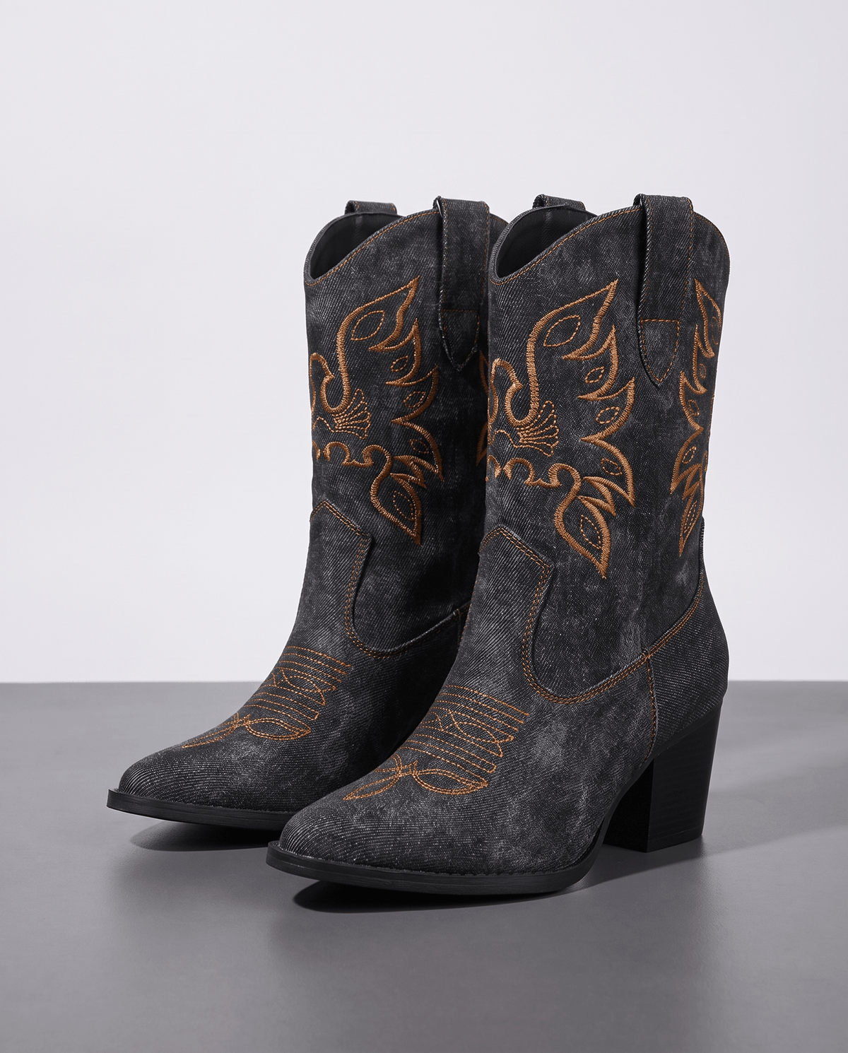 Embroidered Ankle Cowboy Boots – Washed Denim-Look, Block Heel & Pointed Toe | Orla