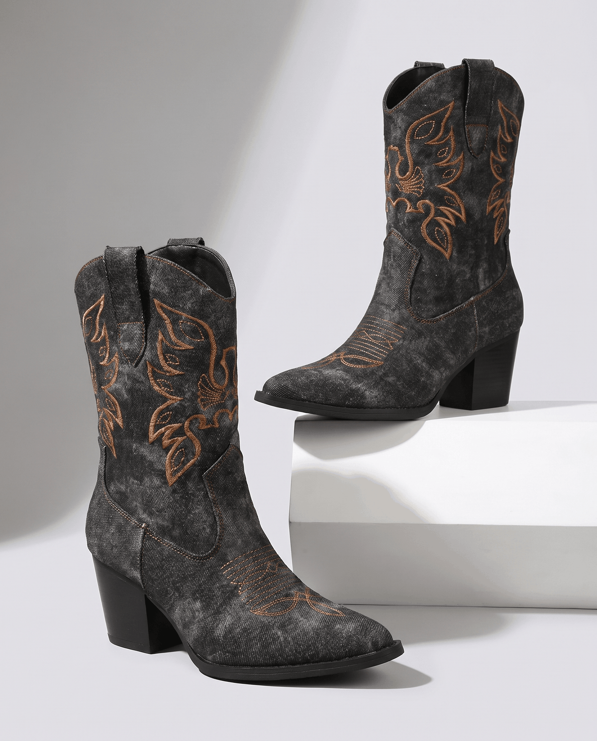 Embroidered Ankle Cowboy Boots – Washed Denim-Look, Block Heel & Pointed Toe | Orla