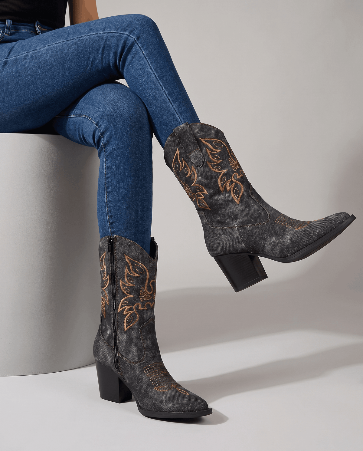 Embroidered Ankle Cowboy Boots – Washed Denim-Look, Block Heel & Pointed Toe | Orla