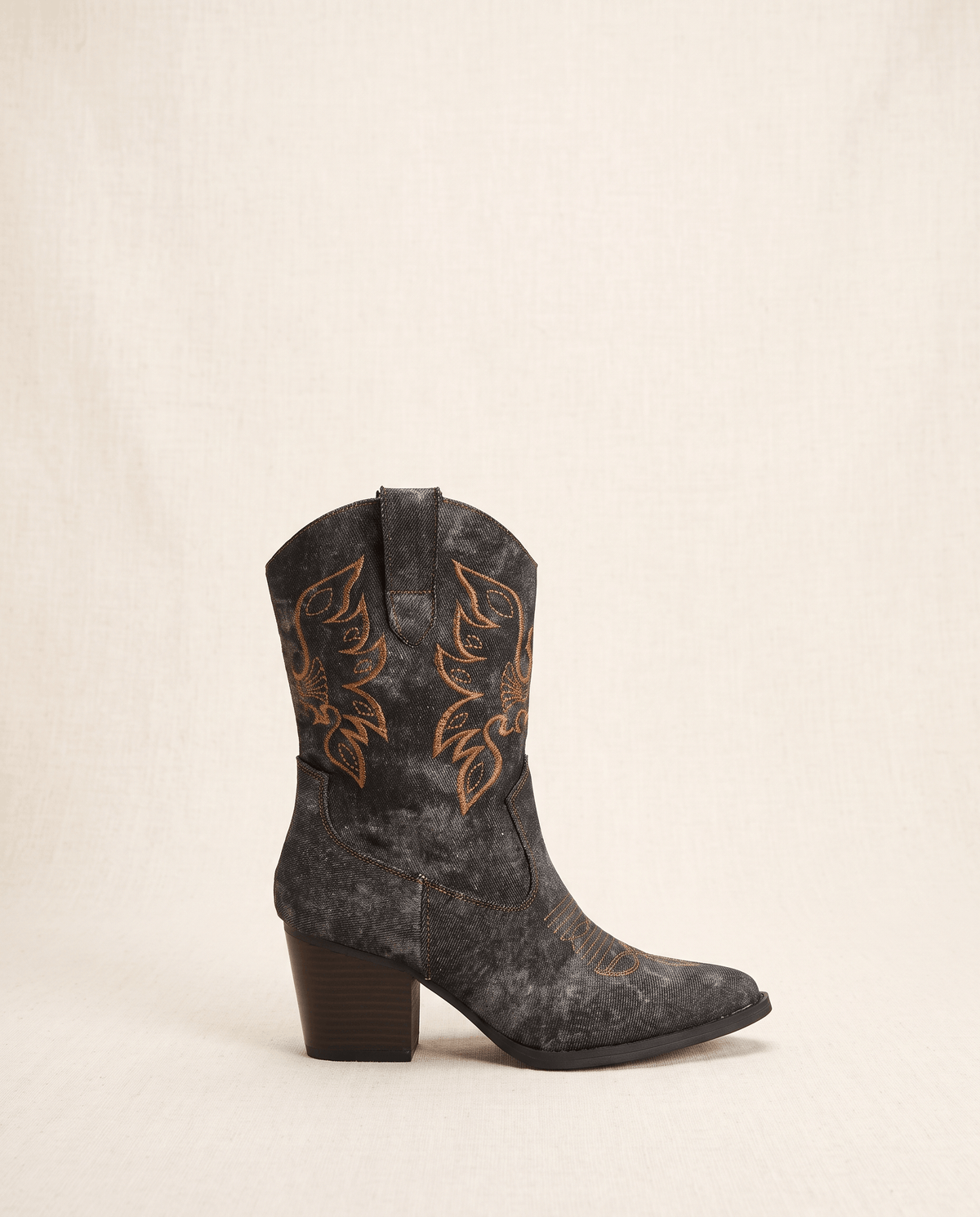 Embroidered Ankle Cowboy Boots – Washed Denim-Look, Block Heel & Pointed Toe | Orla