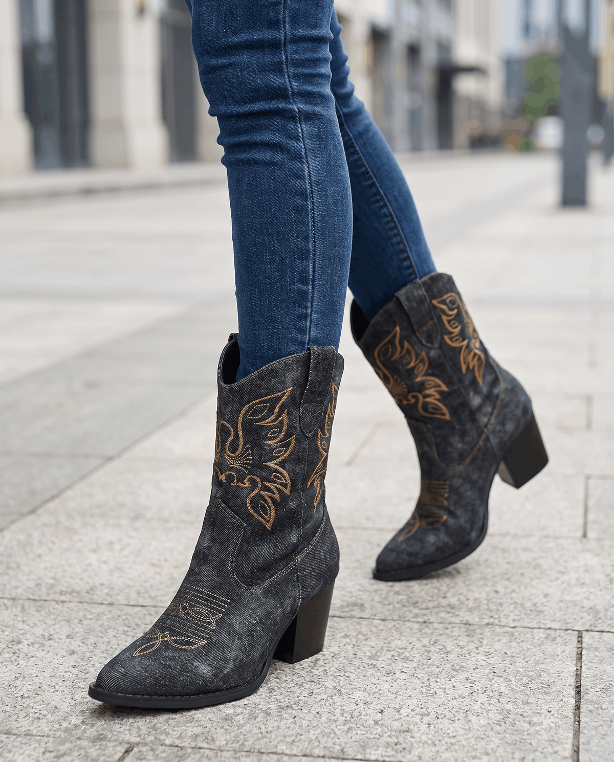 Embroidered Ankle Cowboy Boots – Washed Denim-Look, Block Heel & Pointed Toe | Orla