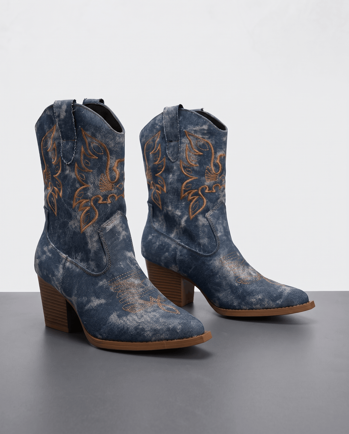 Embroidered Ankle Cowboy Boots – Washed Denim-Look, Block Heel & Pointed Toe | Orla