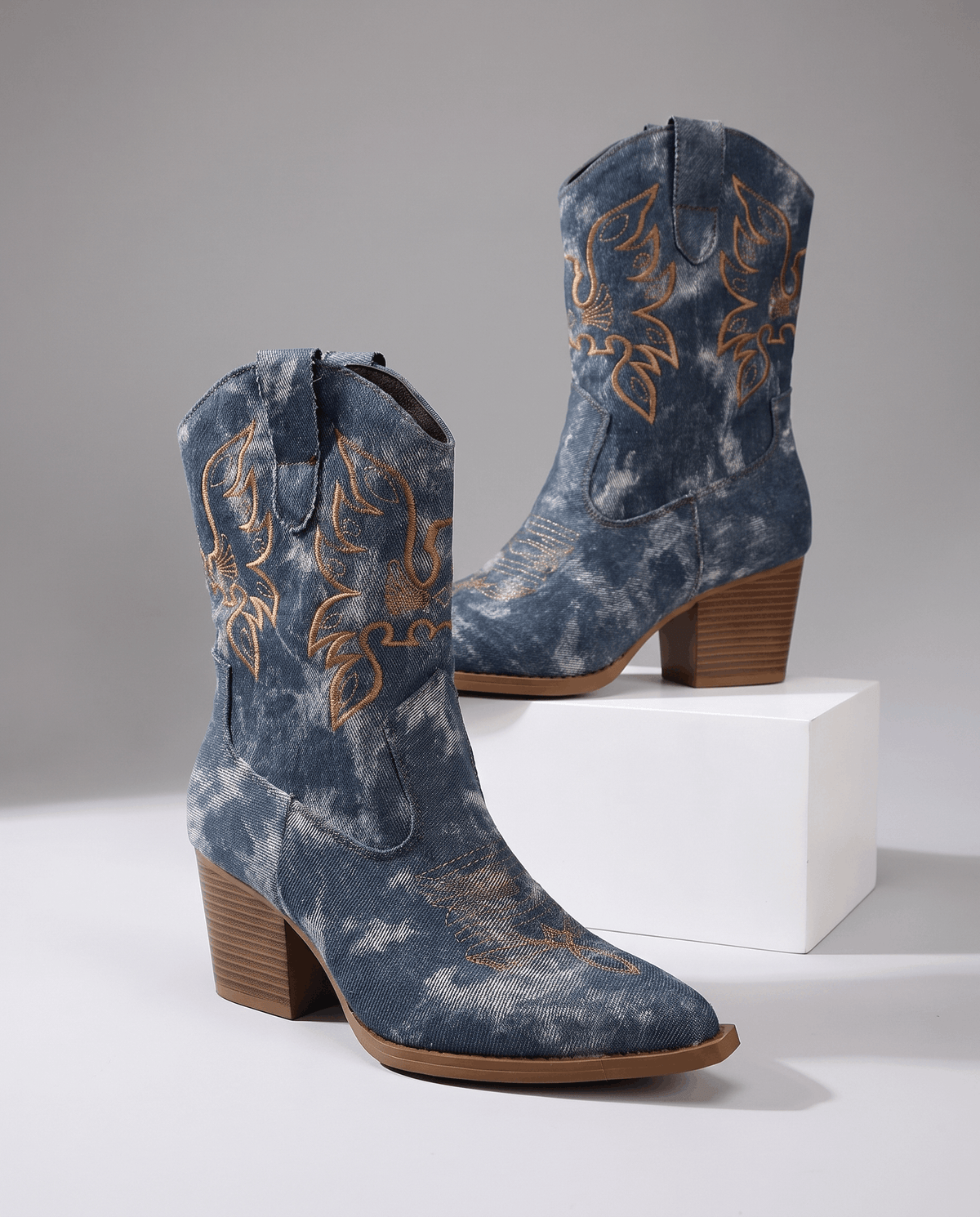 Embroidered Ankle Cowboy Boots – Washed Denim-Look, Block Heel & Pointed Toe | Orla