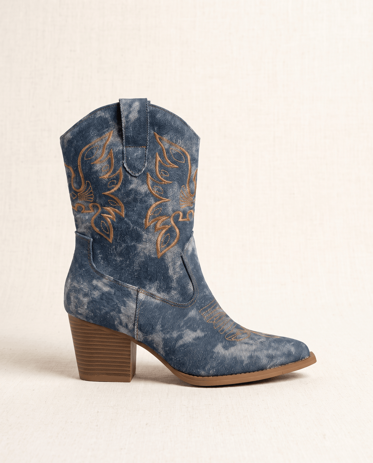 Embroidered Ankle Cowboy Boots – Washed Denim-Look, Block Heel & Pointed Toe | Orla