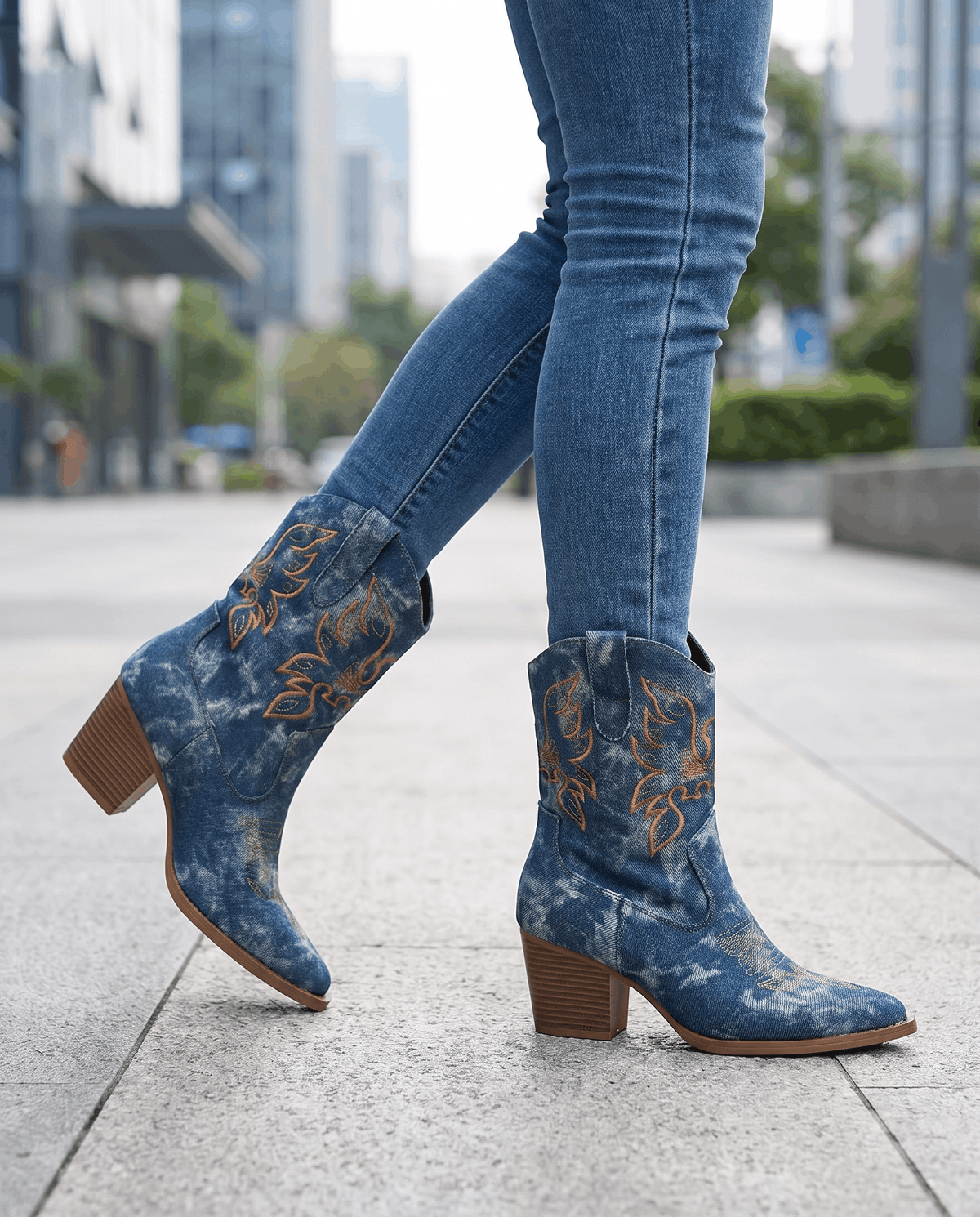 Embroidered Ankle Cowboy Boots – Washed Denim-Look, Block Heel & Pointed Toe | Orla