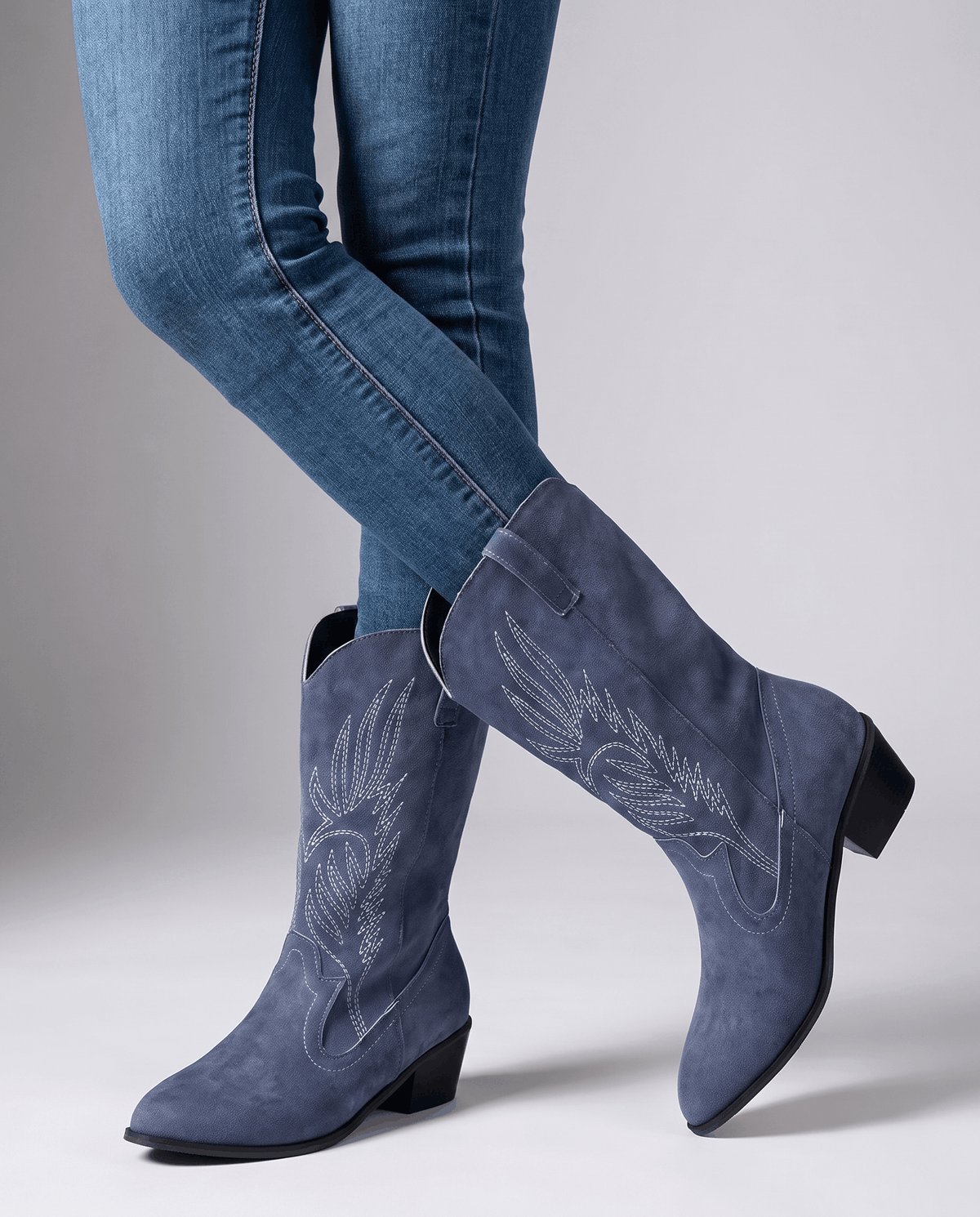 Embroidered Suede Cowboy Boots – Mid-Calf, Block Heel & Pointed Toe | Lucie