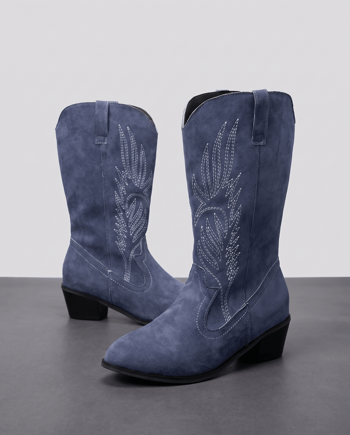 Embroidered Suede Cowboy Boots – Mid-Calf, Block Heel & Pointed Toe | Lucie