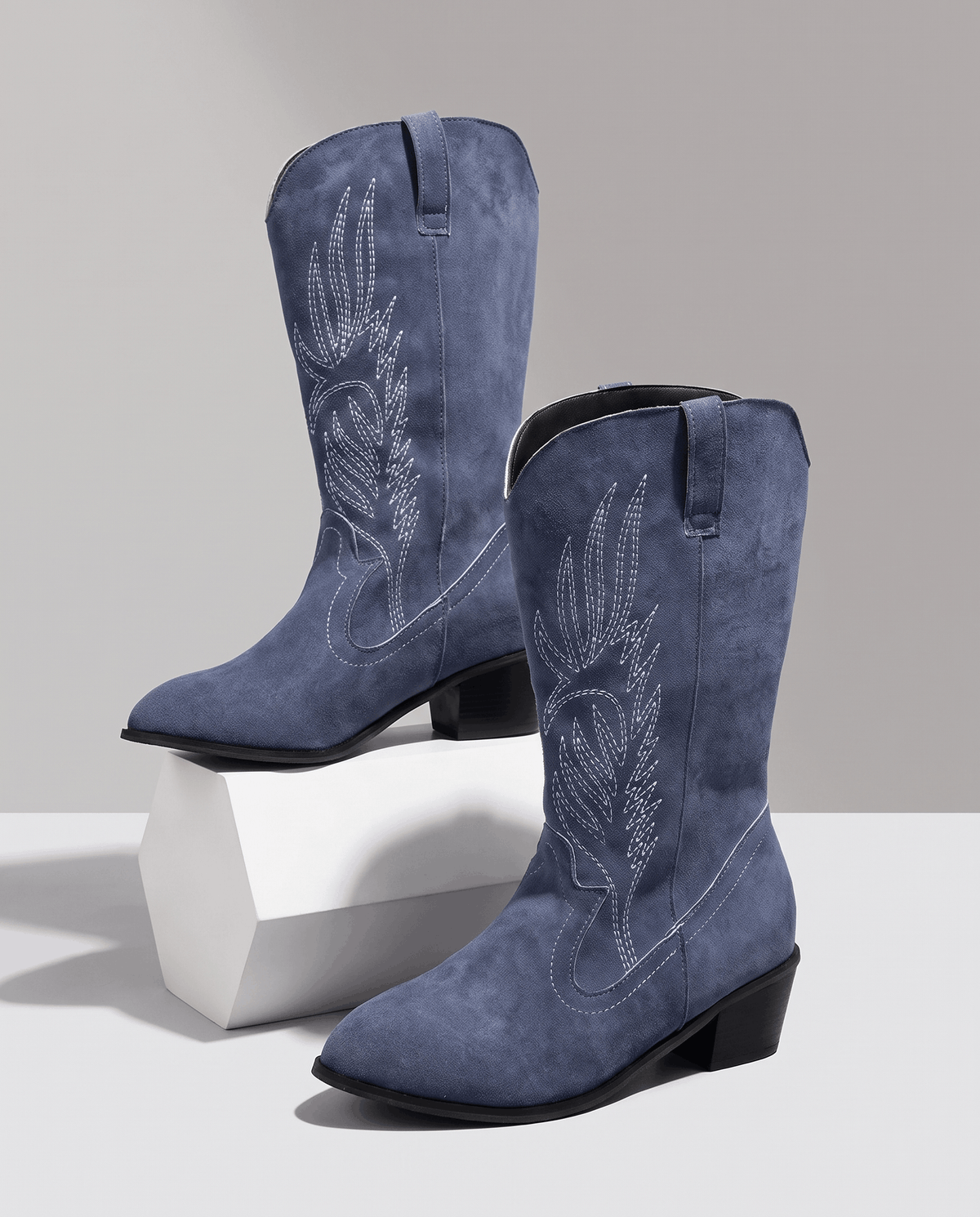 Embroidered Suede Cowboy Boots – Mid-Calf, Block Heel & Pointed Toe | Lucie