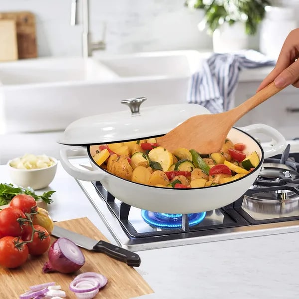 Enameled Cast Iron Braiser with Lid Round Braising Cookware Pan 12-Inch Shallow Oven Safe Pot
