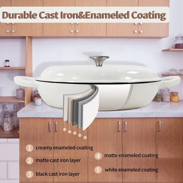 Enameled Cast Iron Braiser with Lid Round Braising Cookware Pan 12-Inch Shallow Oven Safe Pot