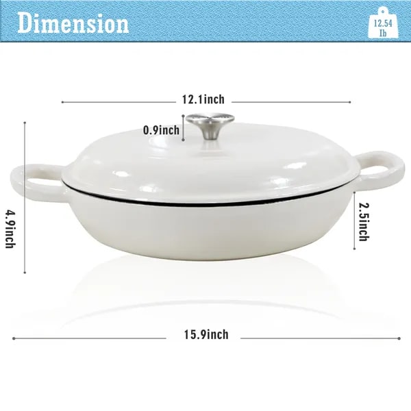 Enameled Cast Iron Braiser with Lid Round Braising Cookware Pan 12-Inch Shallow Oven Safe Pot