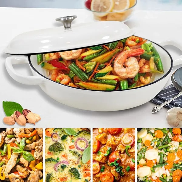 Enameled Cast Iron Braiser with Lid Round Braising Cookware Pan 12-Inch Shallow Oven Safe Pot
