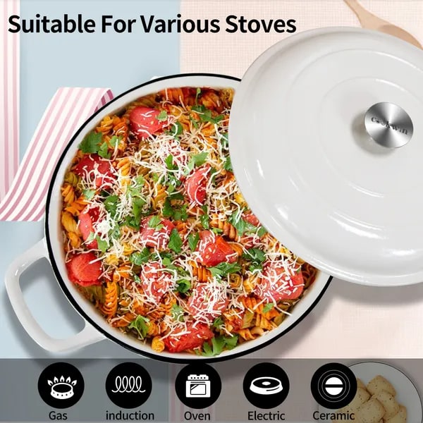 Enameled Cast Iron Braiser with Lid Round Braising Cookware Pan 12-Inch Shallow Oven Safe Pot