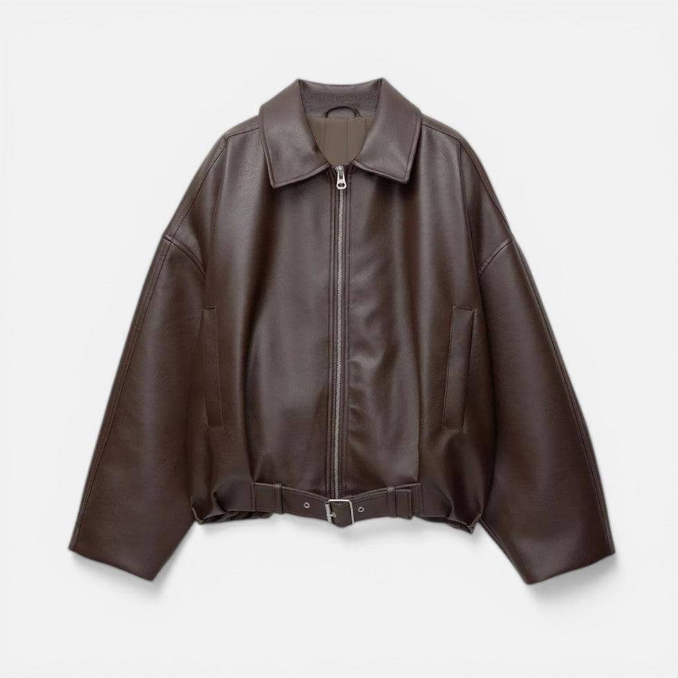 Nevena | Buckle Belt Oversized Leather Jacket