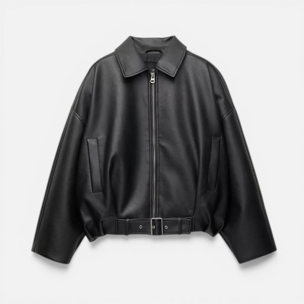 Nevena | Buckle Belt Oversized Leather Jacket