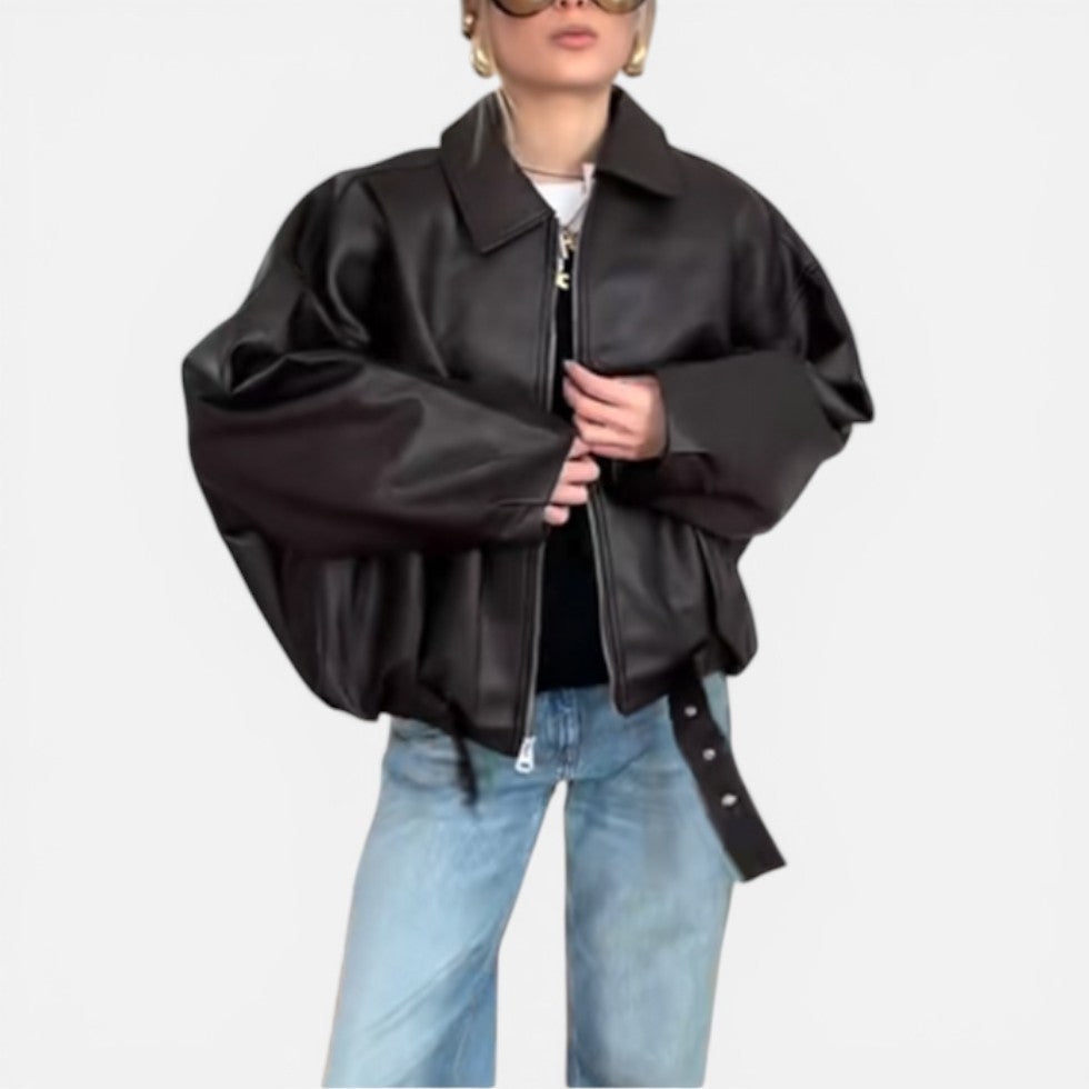Nevena | Buckle Belt Oversized Leather Jacket