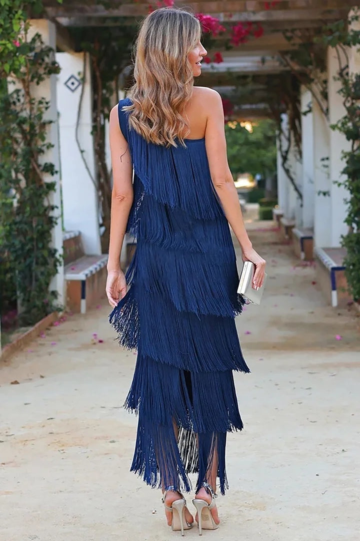 Emilia | Women's One Shoulder Formal Holiday Party Dress Long Asymmetric Fringe