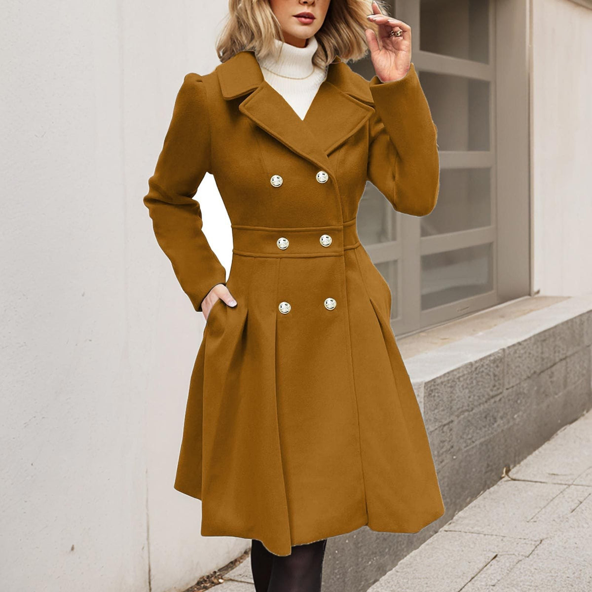 Estella - Women's Double-Breasted Fit-and-Flare Coat with Notch Lapels