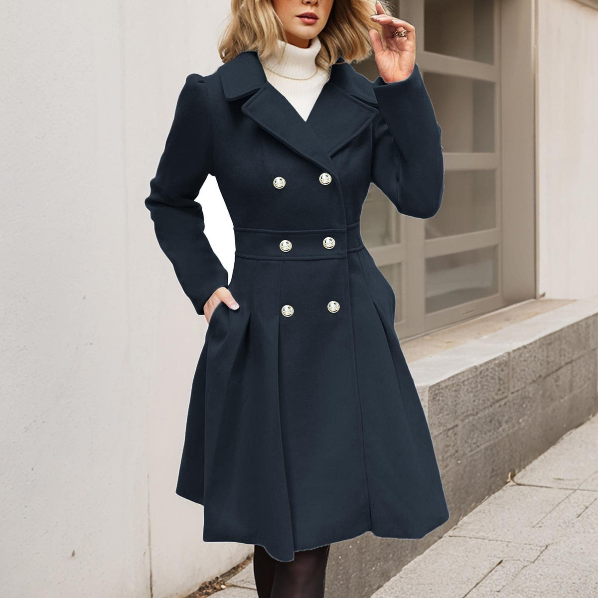 Estella - Women's Double-Breasted Fit-and-Flare Coat with Notch Lapels