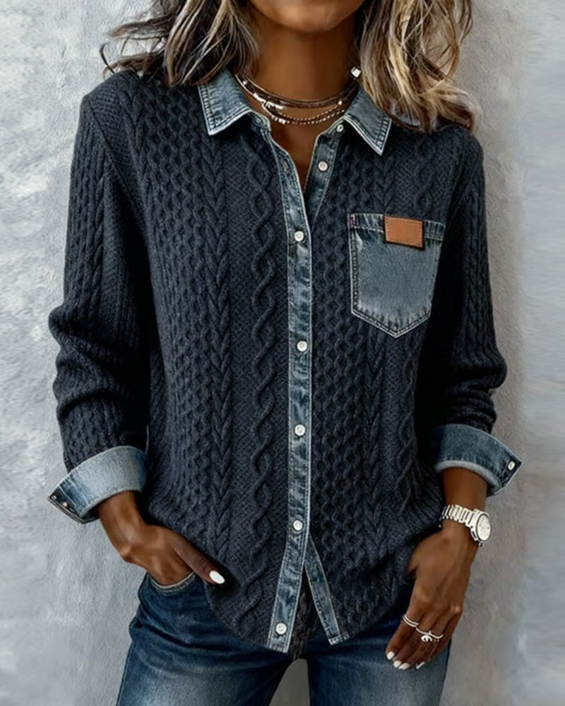 Aria | Women's Cable Knit Sweater Denim Detail Long Sleeve