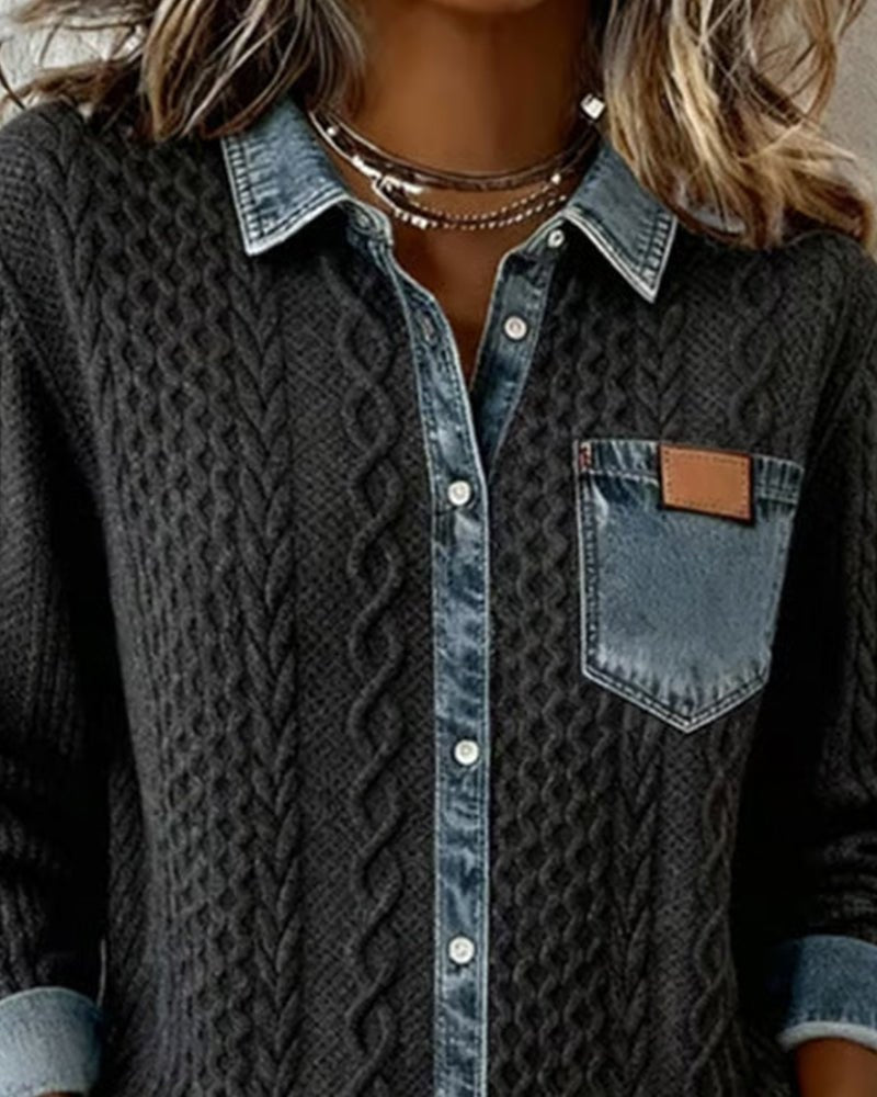 Aria | Women's Cable Knit Sweater Denim Detail Long Sleeve