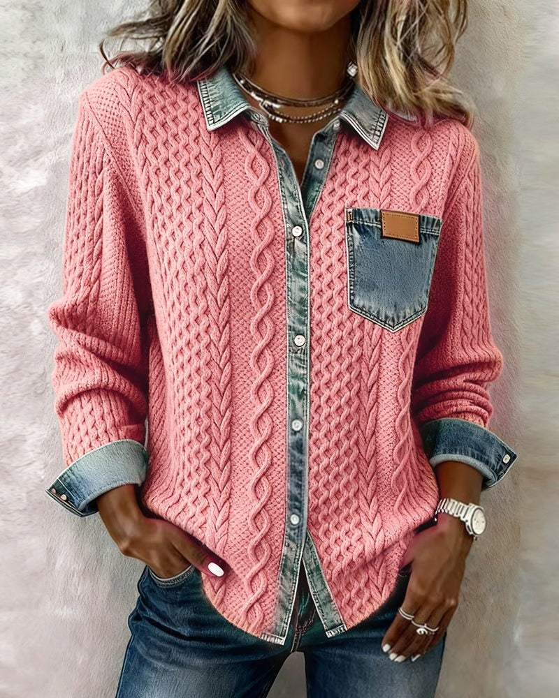 Aria | Women's Cable Knit Sweater Denim Detail Long Sleeve