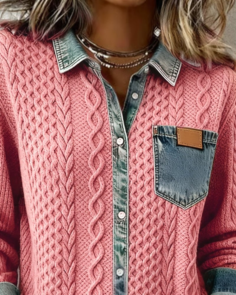 Aria | Women's Cable Knit Sweater Denim Detail Long Sleeve