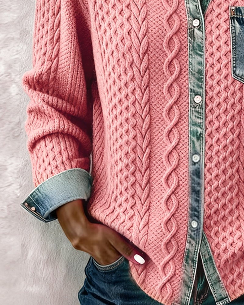 Aria | Women's Cable Knit Sweater Denim Detail Long Sleeve