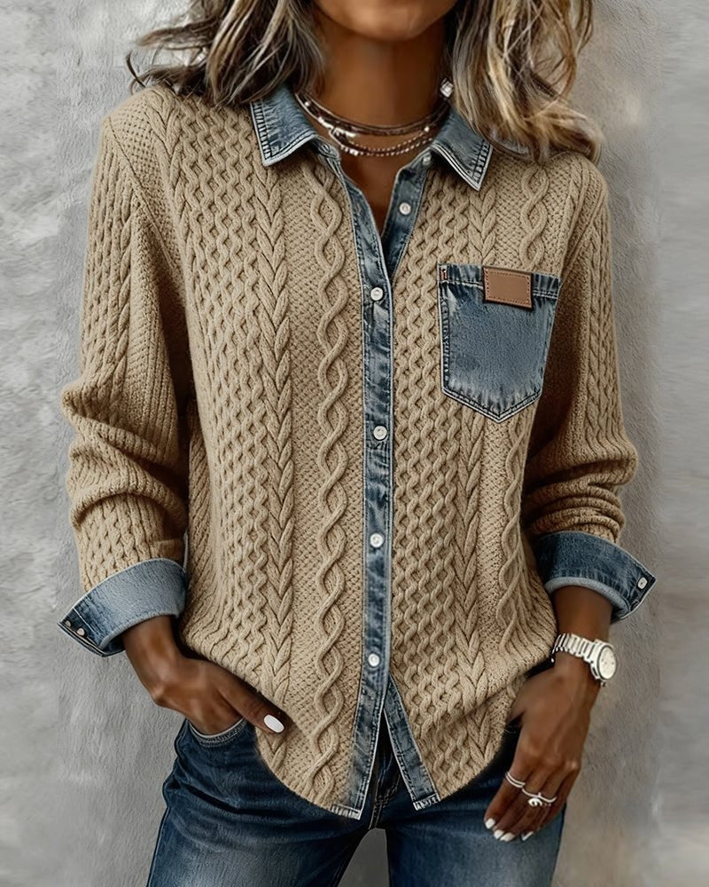Aria | Women's Cable Knit Sweater Denim Detail Long Sleeve