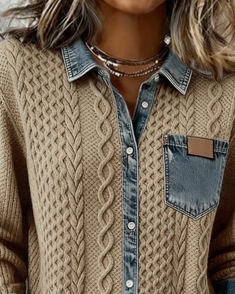 Aria | Women's Cable Knit Sweater Denim Detail Long Sleeve