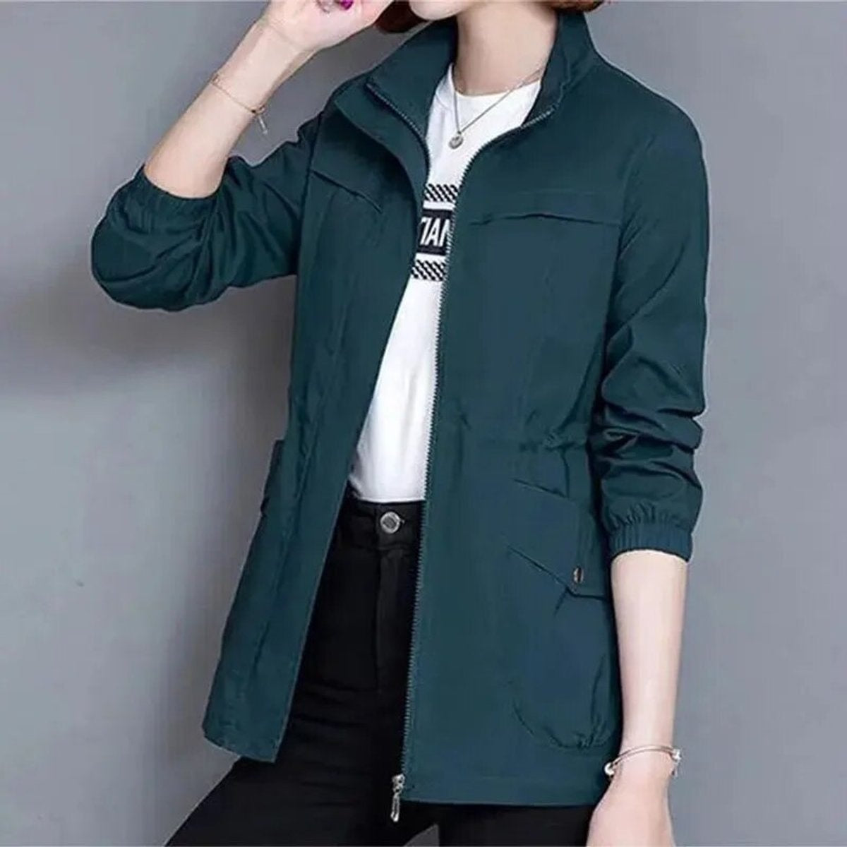Sophia | Women's Lightweight Military Jacket Zip Up Adjustable Waist