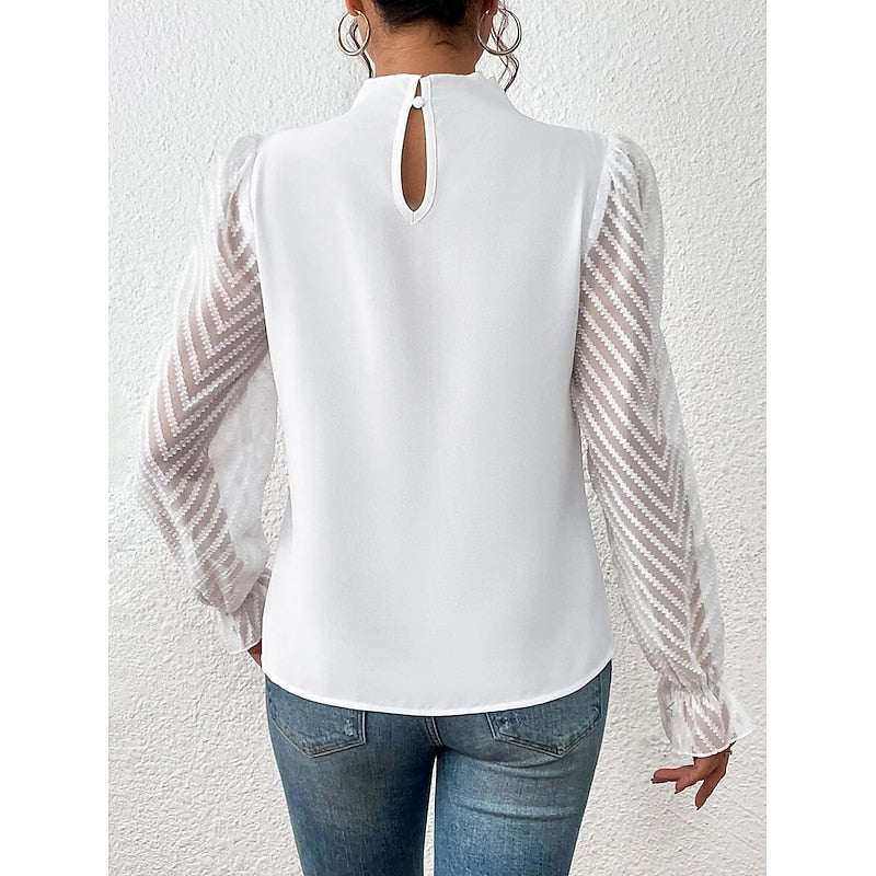 Women's High-Neck Blouse with Textured Sleeves