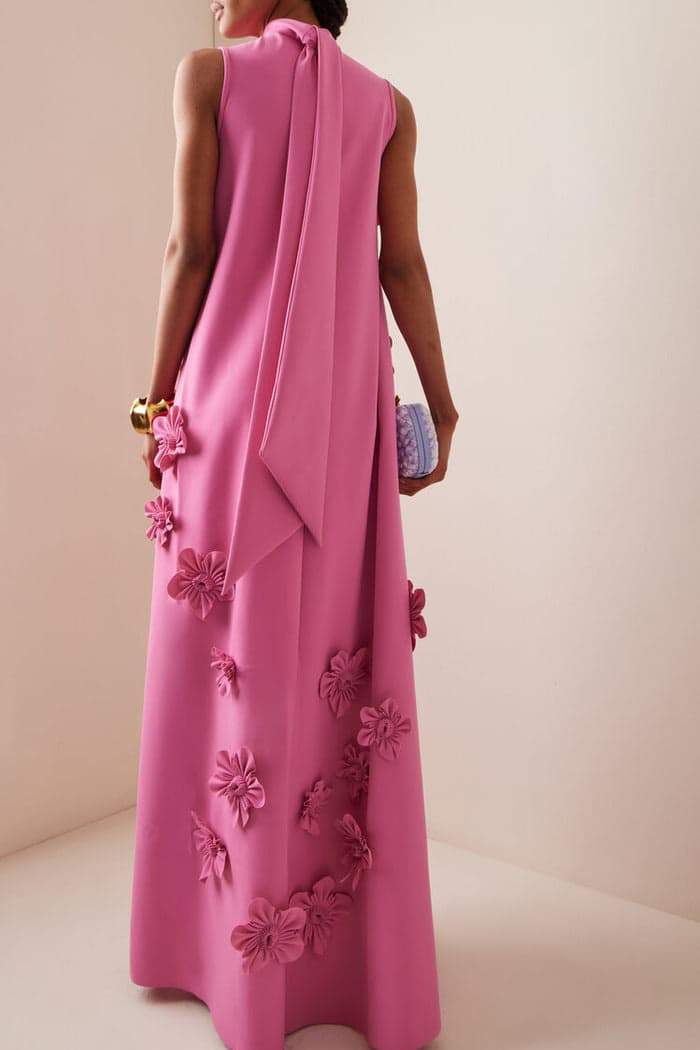 Women's Sleeveless Maxi Dress with Floral Embellishments | Full-Length Silhouette, Elegant Flowy Evening Fit | Pink