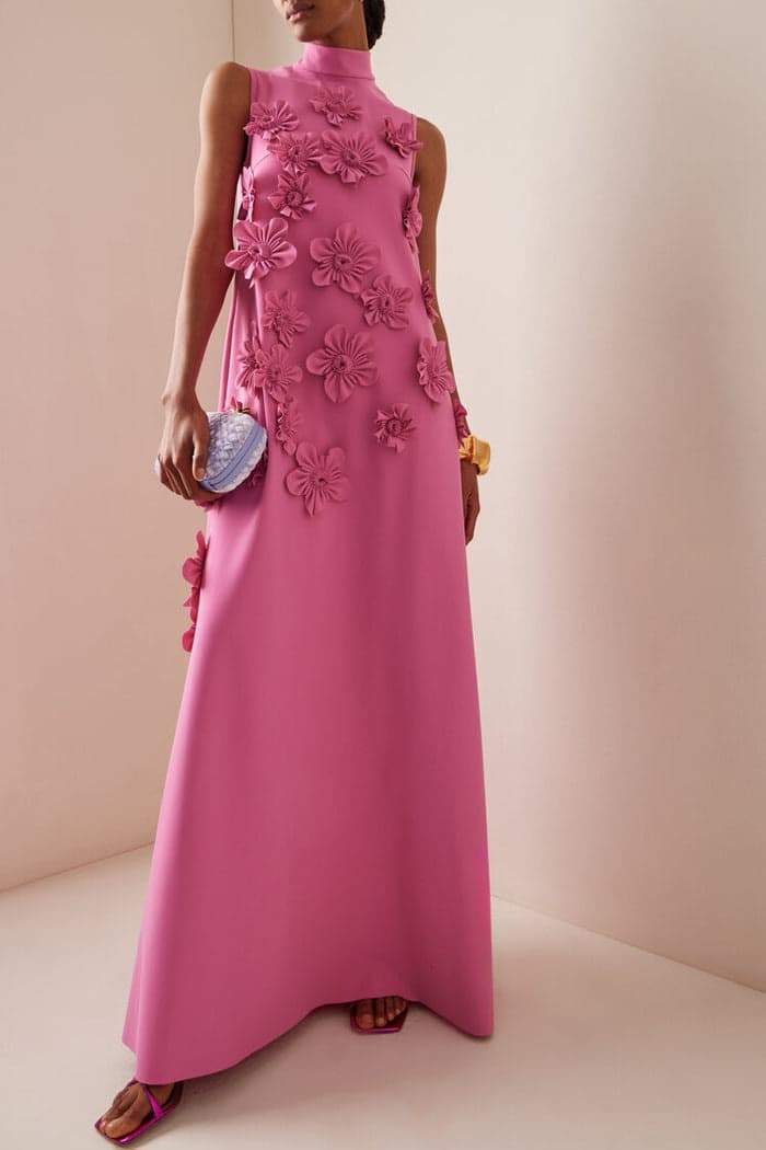 Women's Sleeveless Maxi Dress with Floral Embellishments | Full-Length Silhouette, Elegant Flowy Evening Fit | Pink
