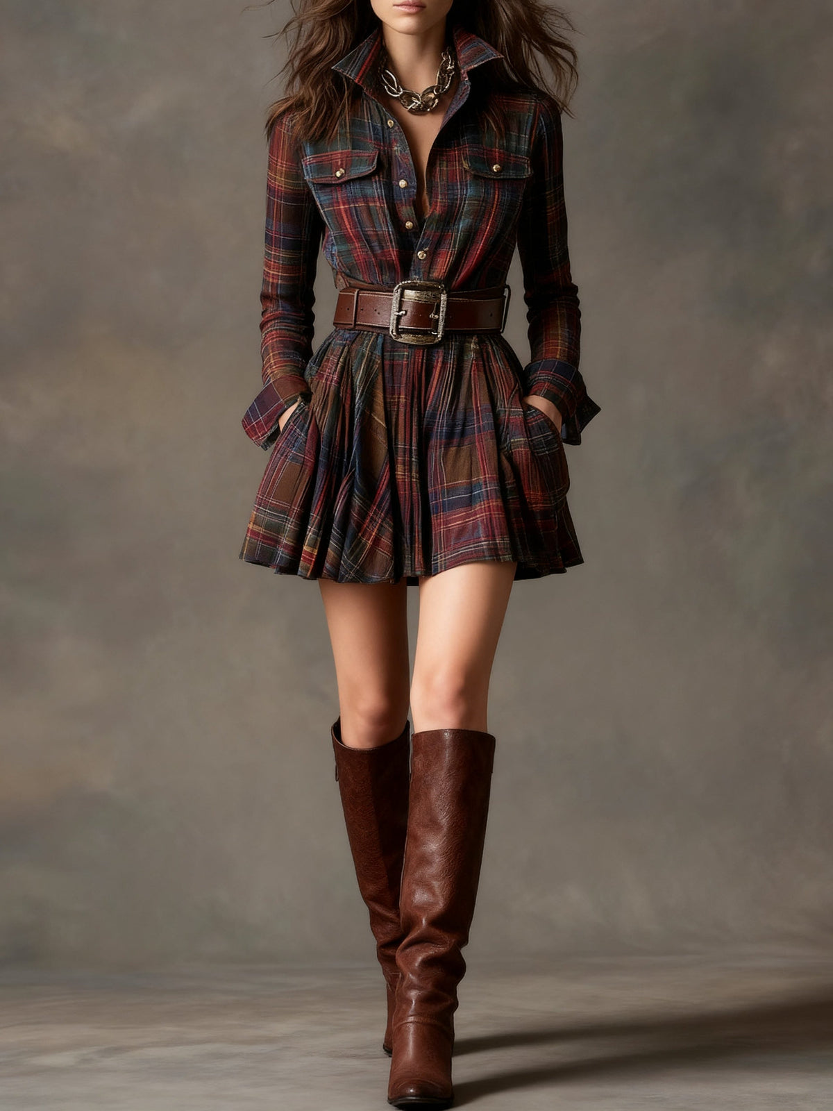 Etienne | Women's Plaid A-Line Shirt Dress with Belt and Long Sleeves