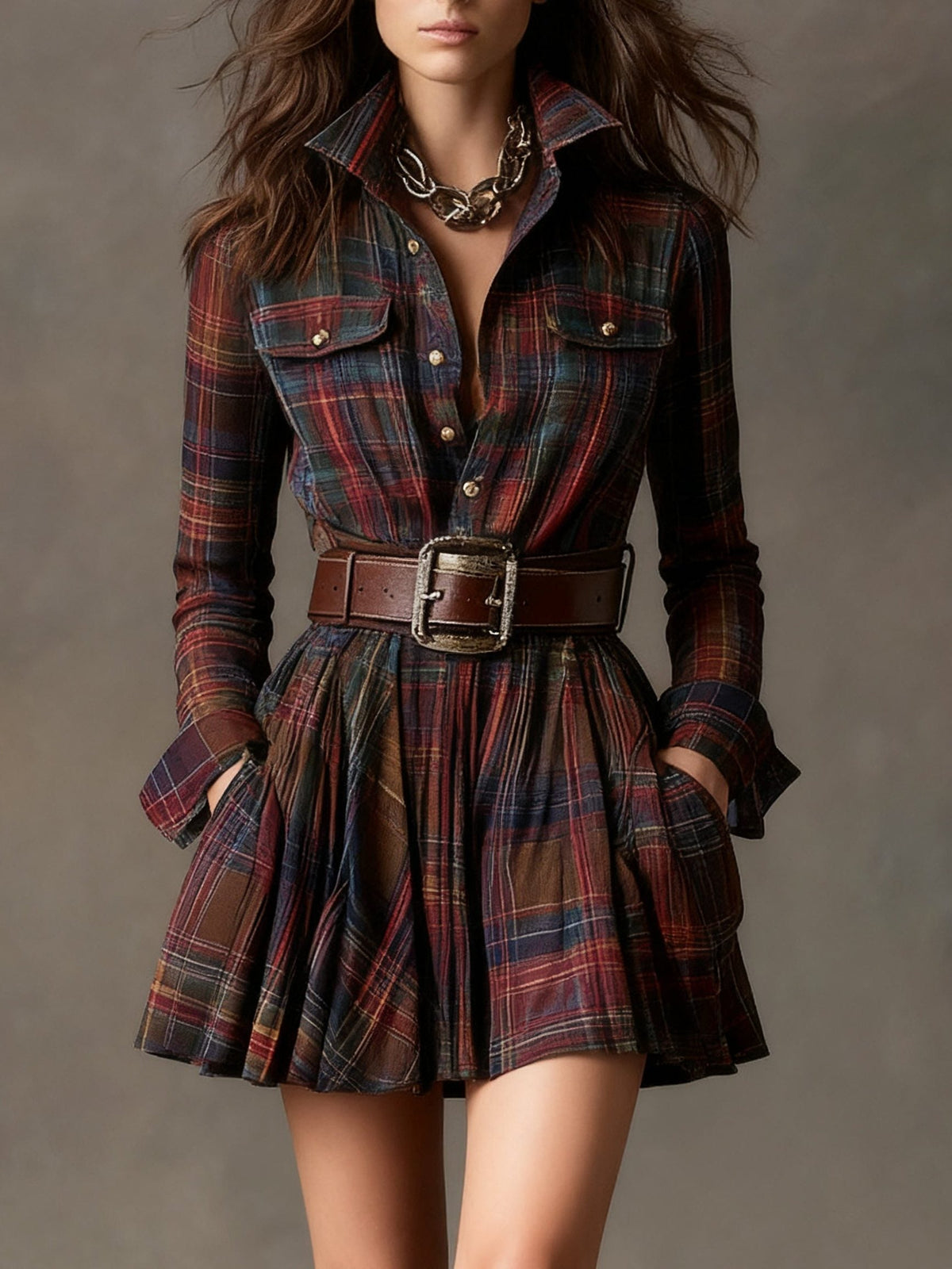 Etienne | Women's Plaid A-Line Shirt Dress with Belt and Long Sleeves