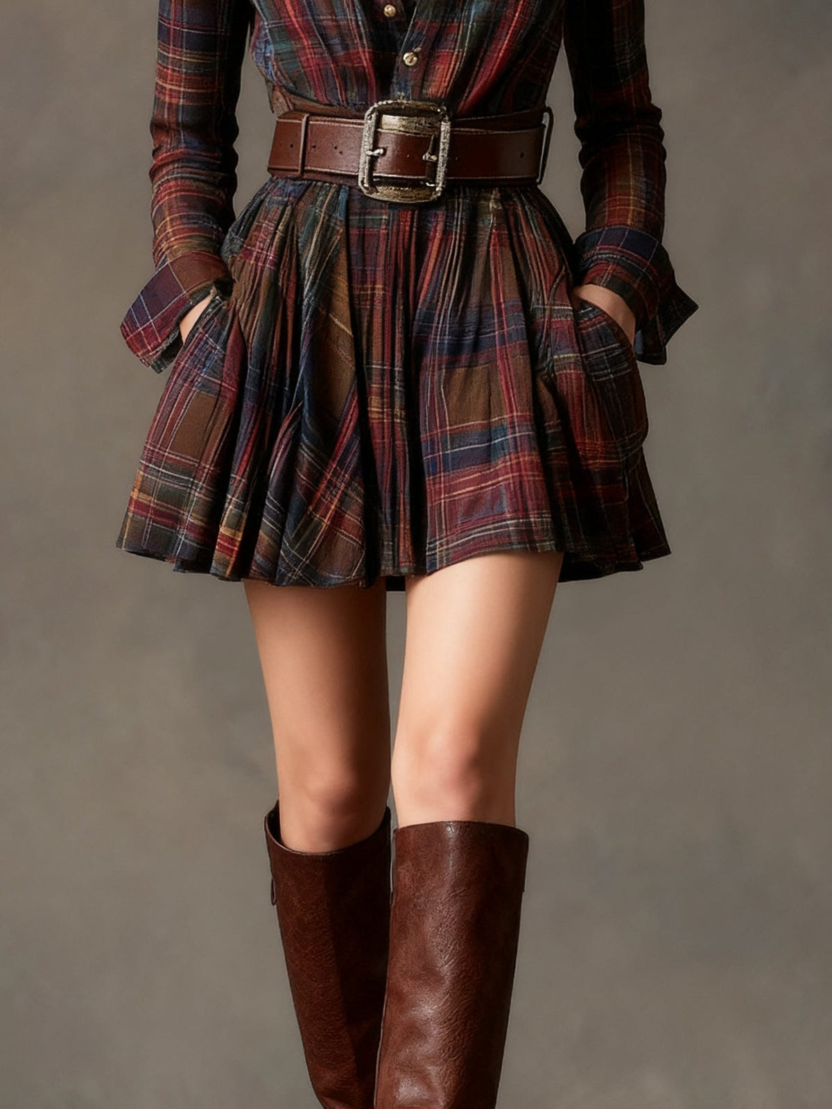 Etienne | Women's Plaid A-Line Shirt Dress with Belt and Long Sleeves