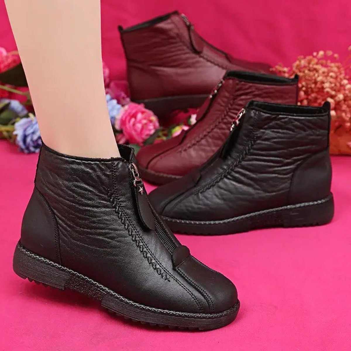 Women's Fleece Lined Ankle Boots | Leather Side Zip Booties
