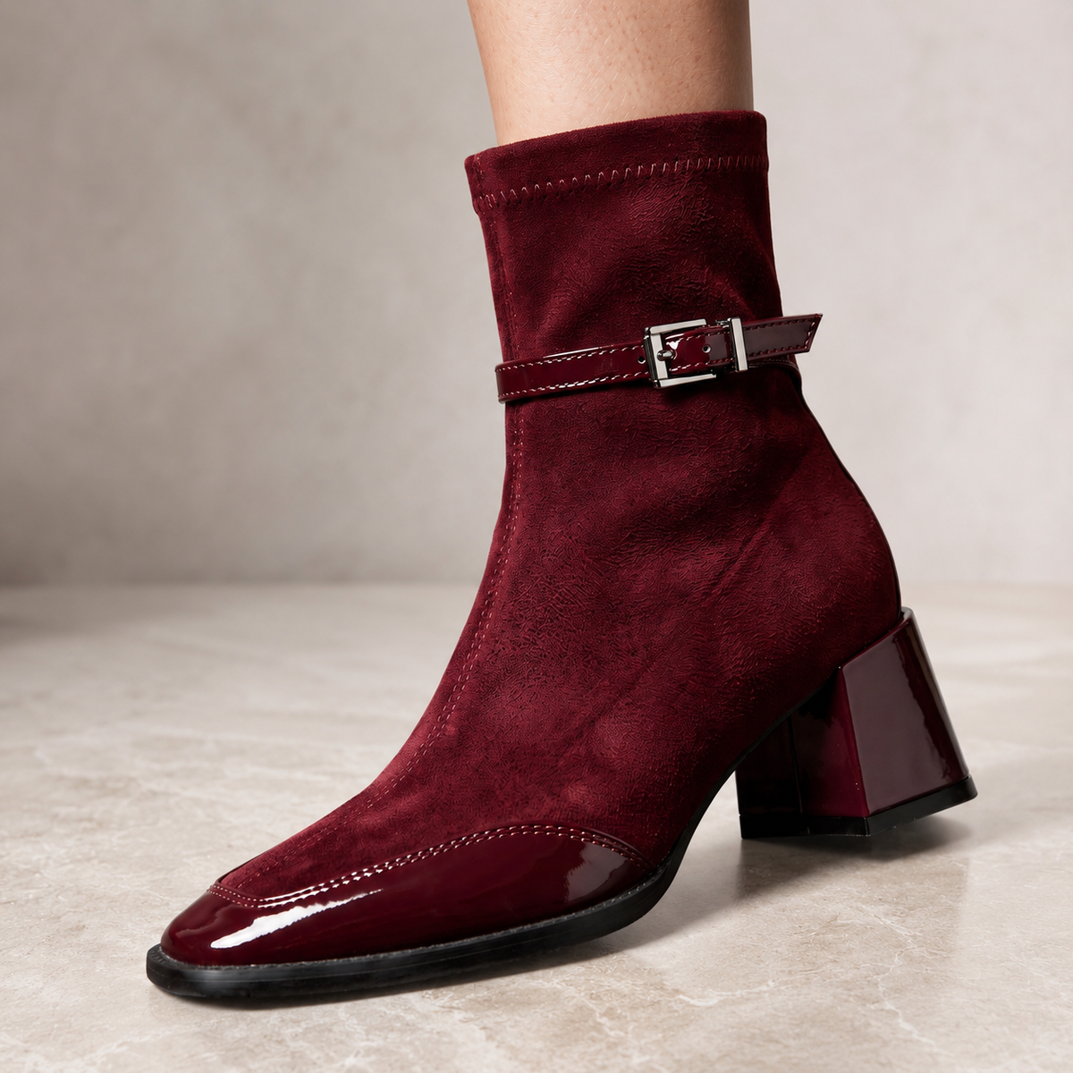 Evangeline - Women's Buckle-Strap Suede Ankle Boots with Patent Toe