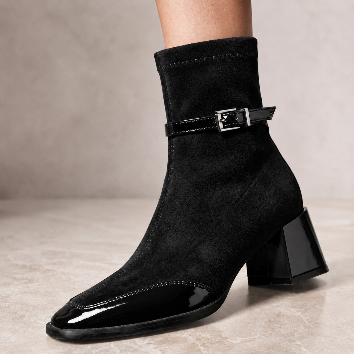 Evangeline - Women's Buckle-Strap Suede Ankle Boots with Patent Toe