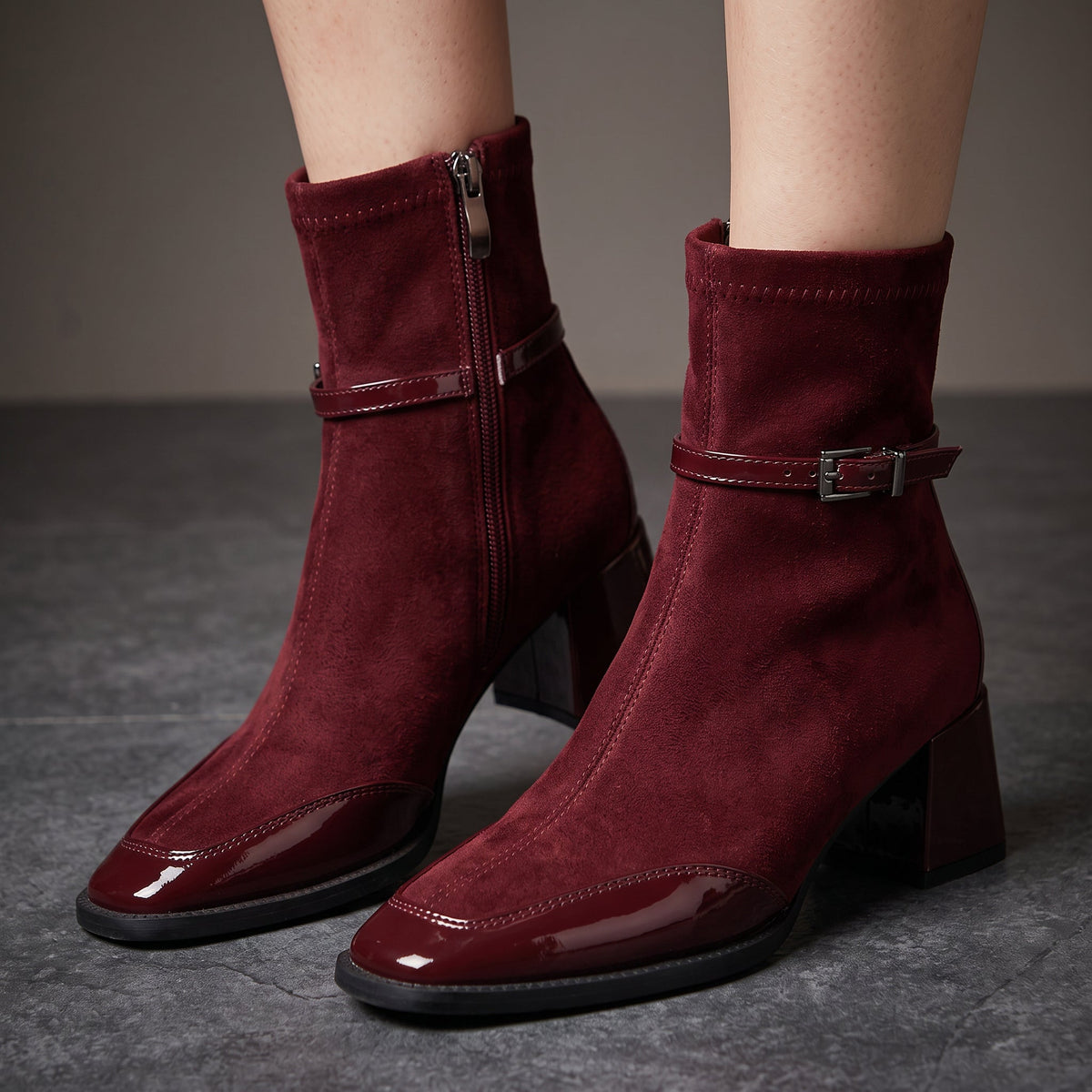 Evangeline - Women's Buckle-Strap Suede Ankle Boots with Patent Toe