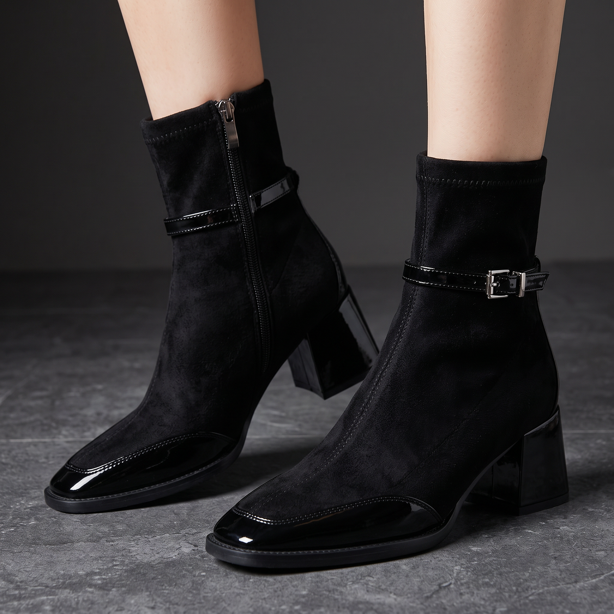 Evangeline - Women's Buckle-Strap Suede Ankle Boots with Patent Toe