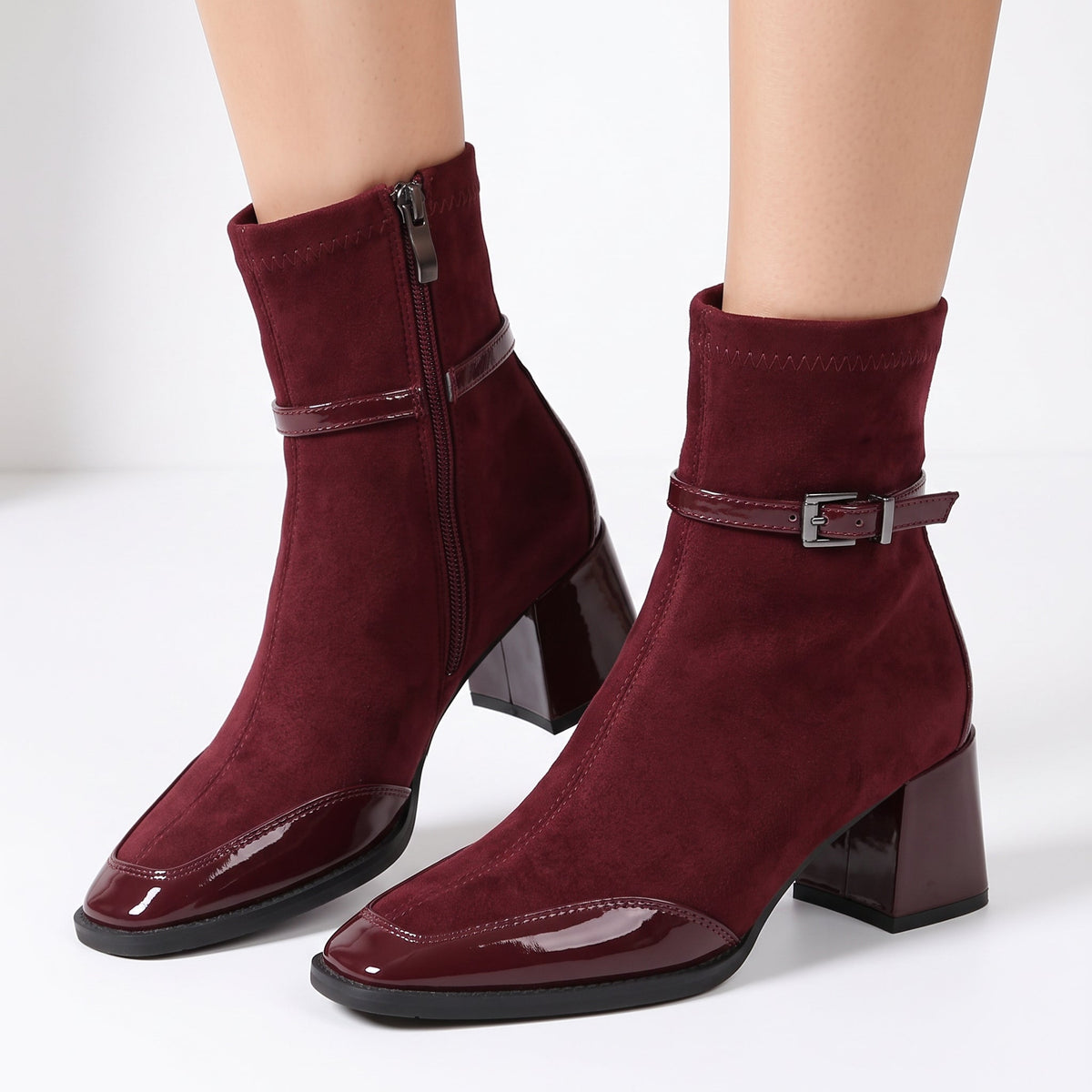 Evangeline - Women's Buckle-Strap Suede Ankle Boots with Patent Toe