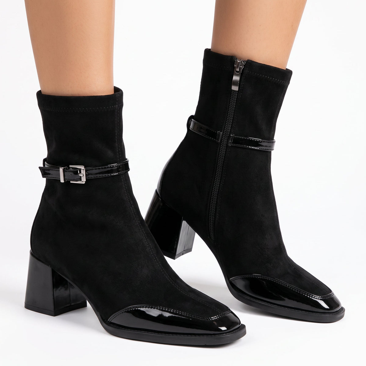 Evangeline - Women's Buckle-Strap Suede Ankle Boots with Patent Toe