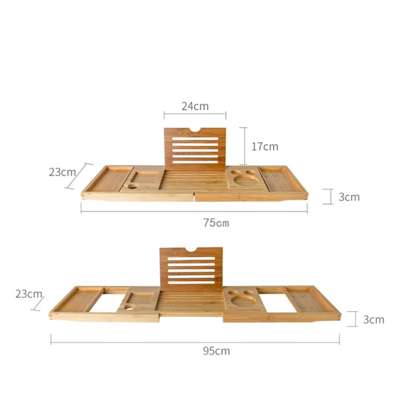 Expandable Bamboo Bath Caddy Tray with Folding Legs Wine Glass Slot and Tablet Stand
